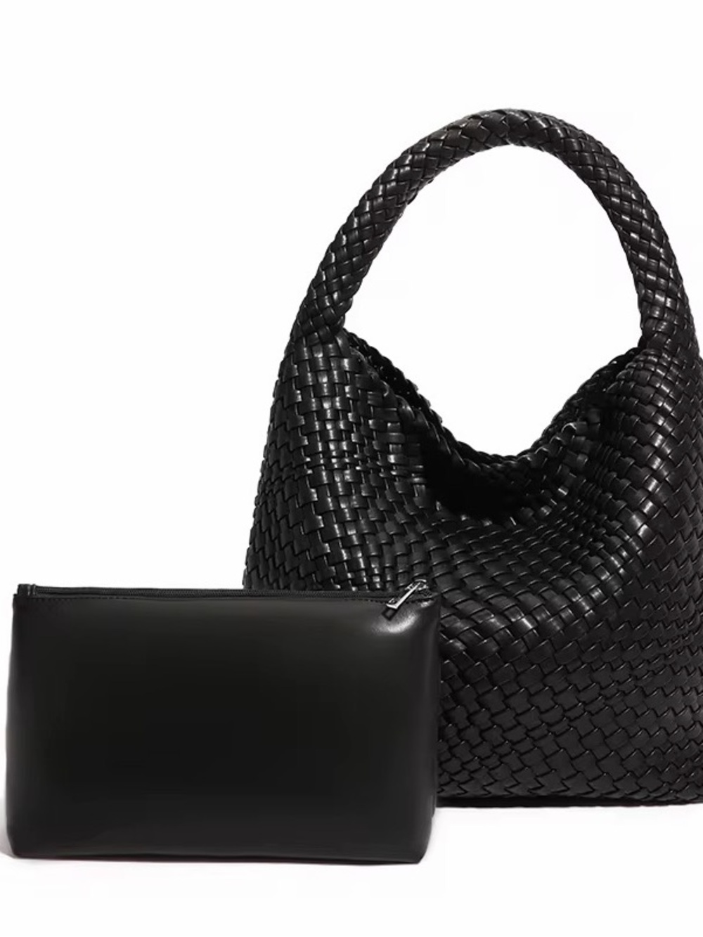 Woven Hobo Shoulder Bag with Pouch - Black